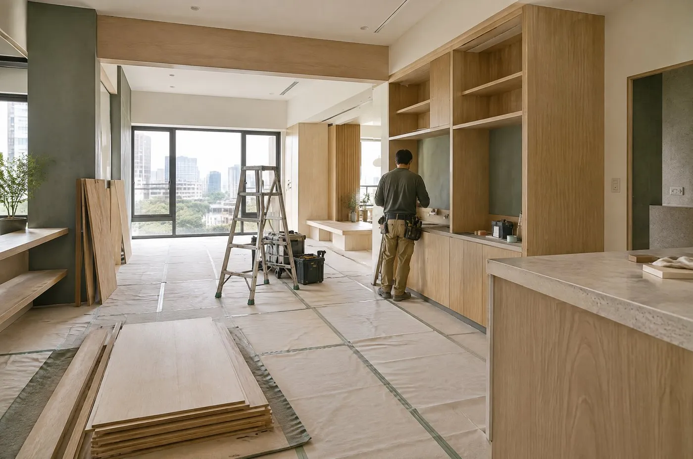 整潔的室內裝修工地與木作櫃體（示意圖）